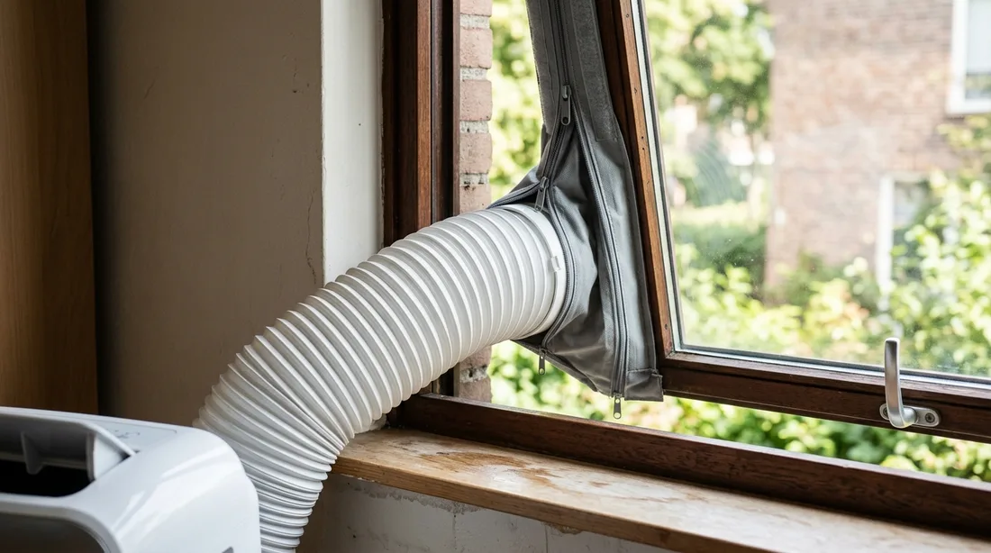Abluftschlauch eines mobilen Klimageräts, durch eine Fensterabdichtung an einem gekippten Fenster nach draußen geführt