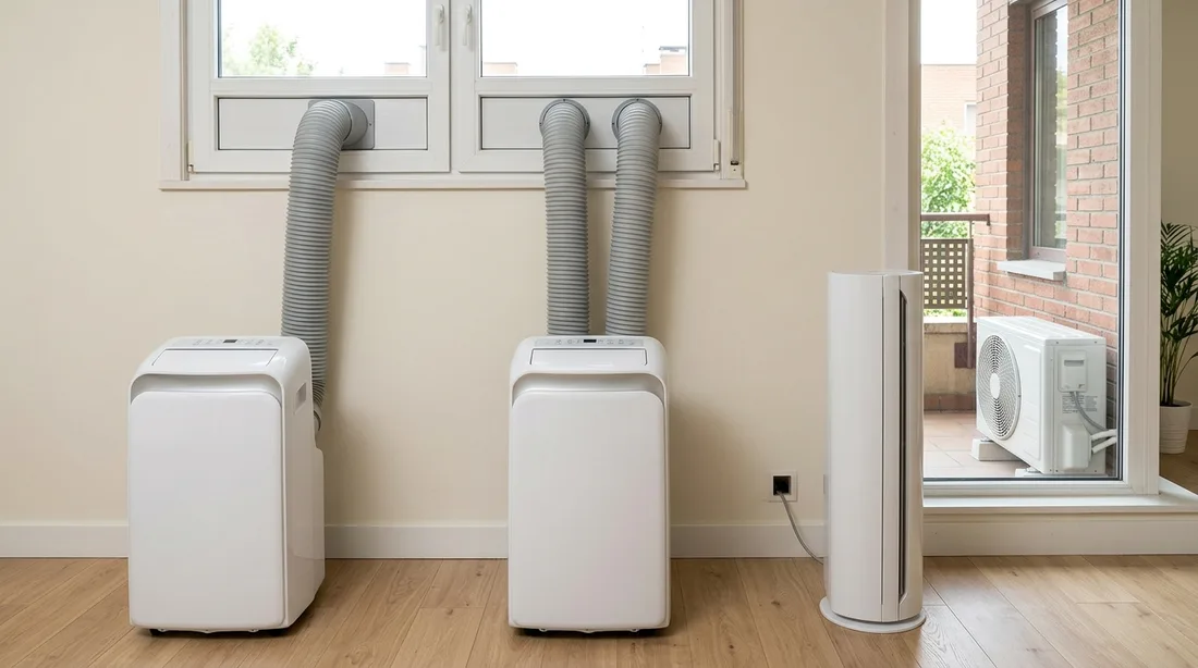 Drei Bauarten nebeneinander: Monoblock mit einem Schlauch, Zweischlauchgerät und mobiles Splitgerät mit Außeneinheit