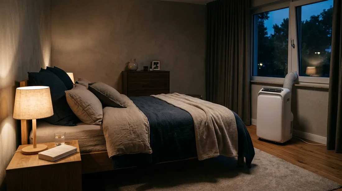 Mobiles Klimagerät in einem abgedunkelten Schlafzimmer, im Vordergrund ein Bett