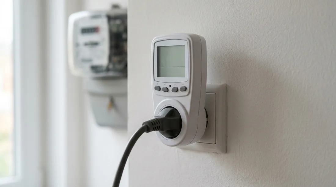 Steckdosen-Energiemessgerät mit Kabel, im Hintergrund ein Stromzähler